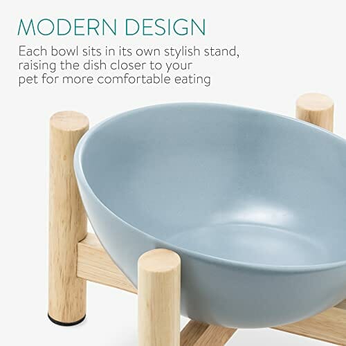 Navaris 2 x miska na karmę dla kota z drewnianym uchwytem – stacja dokarmiania 2 x ceramiczna miska dla kotów i psów – zestaw misków dla psów, z drewnianą podkładką - obrazek 6