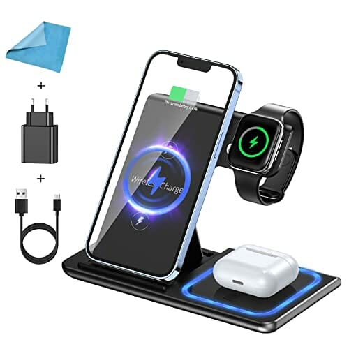 ładowarka bezprzewodowa 3 w 1,Watch Charger indukcyjna Apple Certyfikacja Qi Stacja ładująca kompatybilna z Apple Watch 7/6/5/4,iPhone 13/12/11 Pro/XS Max,Huawei P30,AirPods Pro
