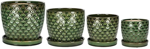 KOTARBAU® Zestaw 2 ceramicznych doniczek na rośliny, średnica: 17 cm, zielona, vintage, z tacką ociekową, wzór rybiej łuski - obrazek 3