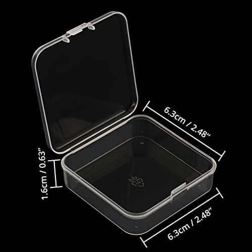 Belle Vous 12 sztuk przezroczystych plastikowych pojemników do przechowywania z pokrywkami na zawiasach - szer. 6,3 x dł. 6,3 x wys. 1,6 cm / 2,48 x 2,48 x 0,63 cala - mini pudełka na tabletki, koraliki, biżuterię i przedmioty rzemieślnicze - obrazek 7