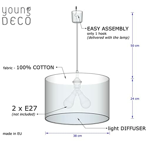 youngDECO® Lampa do pokoju dziecięcego i pokoju dziecięcego, biała, 2 x E27, Ø 38 cm, klosz z materiału, dekoracja pokoju dziecięcego dla dziewcząt, kompletna lampa sufitowa, wyprodukowana w UE - obrazek 2