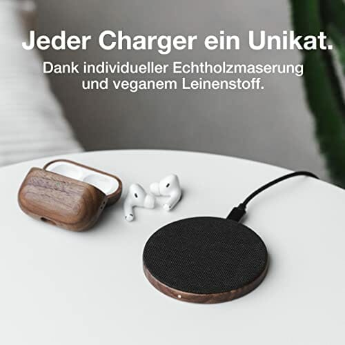 Woodcessories - Szybka ładowarka pojedyncza, indukcyjna stacja ładująca o mocy 15 W – bezprzewodowa ładowarka z drewna ciemno kompatybilna ze wszystkimi urządzeniami końcowymi obsługującymi technologię Qi - obrazek 3