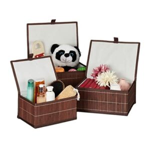 Relaxdays Kosz do przechowywania 3-częściowy zestaw, pokrywka i wkładka z materiału, bambus, łazienka, zabawka, pudełko do przechowywania, 3 rozmiary, brązowy