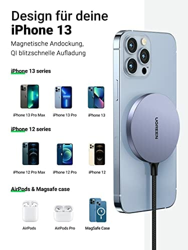 UGREEN 15W Magnetyczna ładowarka Bezprzewodowa ładowarka Qi Indukcyjna stacja ładująca Magnetyczna bezprzewodowa ładowarka Kompatybilna z iPhone 13, 13 Pro, 13 Pro Max, 13 Mini, 12, 12 Pro, 12 Pro Max, 12 Mini itp. - obrazek 6