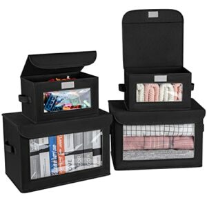 DIMJ 4 pudełka do przechowywania z pokrywką i uchwytem, składane pudełka do przechowywania na ubrania, ubrania, ubrania, książki, kosmetyki, zabawki (czarne, 4 sztuki, 38 x 25 x 25 cm + 26 x 20 x 16 cm)