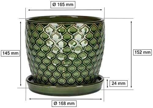 KOTARBAU® Zestaw 2 ceramicznych doniczek na rośliny, średnica: 17 cm, zielona, vintage, z tacką ociekową, wzór rybiej łuski - obrazek 8