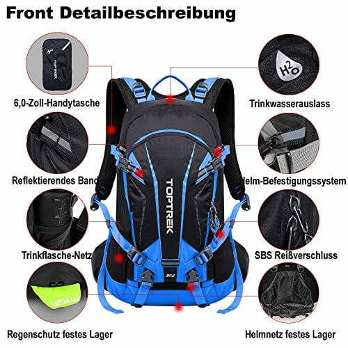 toptrek Plecak rowerowy 20 l, z osłoną przeciwdeszczową i osłoną na kask, wodoszczelny, ultralekki plecak do picia, dla mężczyzn/kobiet, do jazdy na rowerze, na kemping, wędrówki i bieganie - obrazek 7