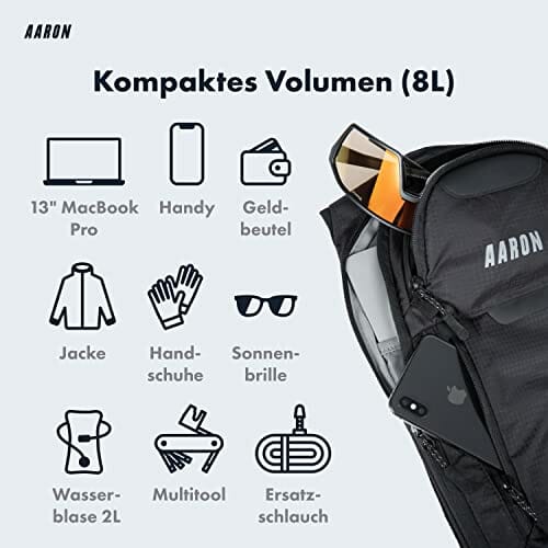 AARON Plecak rowerowy i plecak narciarski, wodoszczelny, z ochroną przeciwdeszczową, ergonomiczna wyściółka na plecach dla kobiet i mężczyzn, plecak rowerowy MTB, czarny - obrazek 8