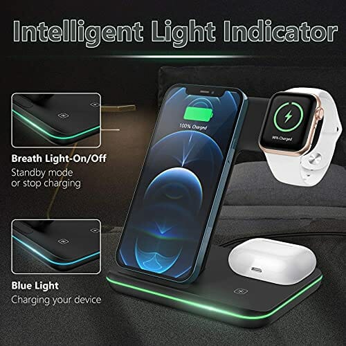 CAVN Bezprzewodowa ładowarka 3 w 1, kompatybilna z iPhone 13, 12, 11 Pro Max/XS/XR/X/8+, iWatch Ultra / 8/7/6/SE/ 5/4/3/2, AirPods Pro/2/3, Galaxy S22 S21/S20/S10+, indukcyjna stacja ładująca - obrazek 5