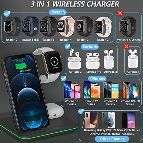 CAVN Bezprzewodowa ładowarka 3 w 1, kompatybilna z iPhone 13, 12, 11 Pro Max/XS/XR/X/8+, iWatch Ultra / 8/7/6/SE/ 5/4/3/2, AirPods Pro/2/3, Galaxy S22 S21/S20/S10+, indukcyjna stacja ładująca - obrazek 9