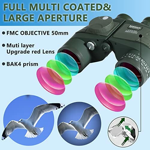 Wodoszczelna lornetka 10 x 50 dla dorosłych, do pływania łodzią, z dalmierzem, kompasem, profesjonalny sport, przenośna, na polowanie, do obserwacji ptaków, udoskonalony obiektyw FMC Bak4 - obrazek 8