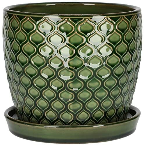 KOTARBAU® Zestaw 2 ceramicznych doniczek na rośliny, średnica: 17 cm, zielona, vintage, z tacką ociekową, wzór rybiej łuski - obrazek 6