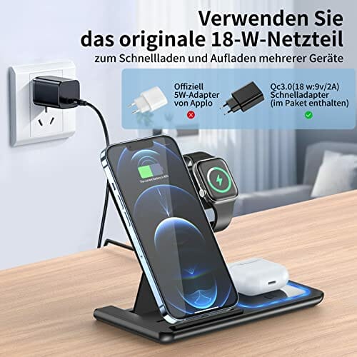 ładowarka bezprzewodowa 3 w 1,Watch Charger indukcyjna Apple Certyfikacja Qi Stacja ładująca kompatybilna z Apple Watch 7/6/5/4,iPhone 13/12/11 Pro/XS Max,Huawei P30,AirPods Pro - obrazek 2