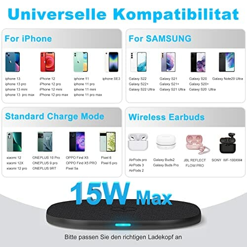 LUXSURE Bezprzewodowa ładowarka szybka Qi ładowarka współpracuje z Samsung Galaxy I Phone X/Xs Max/Xs/XR/8/8 Plus, Samsung S9 Plus, S8 Plus, S7 Edge Plus, S6 Edge, Note 9/8, HUAWEI MateRS inny telefon Qi (czarny-DE) - obrazek 6
