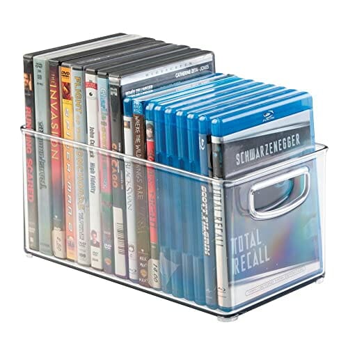 mDesign Zestaw 4 pudełek – Przechowywanie płyt CD – Długie otwarte plastikowe opakowania na płyty CD – Pudełka na płyty CD, Blu-Ray, konsole do gier i nie tylko – 4-pack – Przezroczysty - obrazek 4