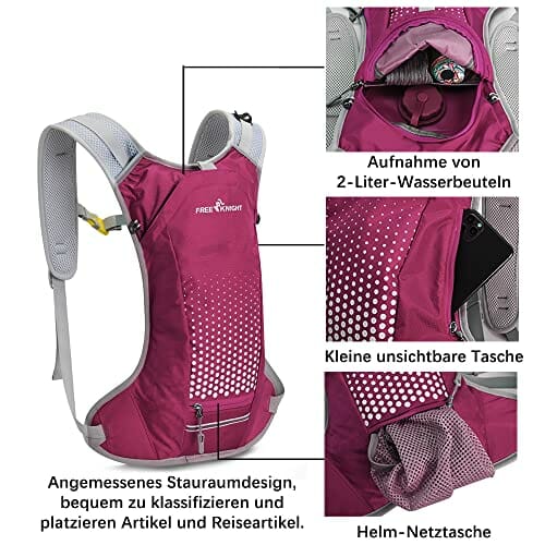 free knight Wodoszczelny plecak na rower, 6 l, z bukłakiem na wodę, z organizerem na kask, torba do jazdy na rowerze, jazdy konnej, biegania, joggingu, wędrówek (fioletowy), liliowy - obrazek 6