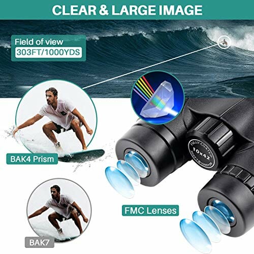 QUNSE Lornetka dla dorosłych i dzieci, lekka, wodoodporna, kompaktowa lornetka z słabym światłem, noktowizorem BAK4 Prism FMC obiektyw HD, przejrzysty widok do obserwacji ptaków, polowania, podróży (10 x 42) - obrazek 8