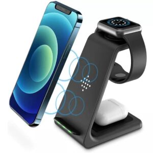 Bezprzewodowa ładowarka, 3 w 1, 18 W, składana, indukcyjna stacja ładująca do Apple Watch 7/6/SE/5/4/3/2, iPhone 12/13/11/X/XR/8, Airpods 3/2/Pro (czarna)