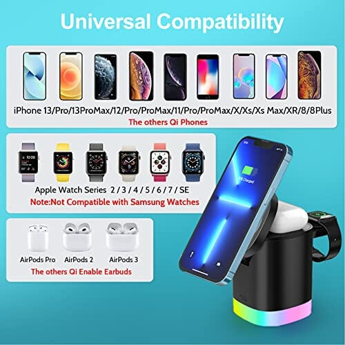 Bezprzewodowa ładowarka 3 w 1, indukcyjna stacja ładująca, bezprzewodowa ładowarka, kompatybilna z iPhone, 15 W, bezprzewodowa ładowarka z oświetleniem nocnym RGB, magnetyczna stacja ładująca do zegarka Apple iwatch i iPhone airpods - obrazek 2