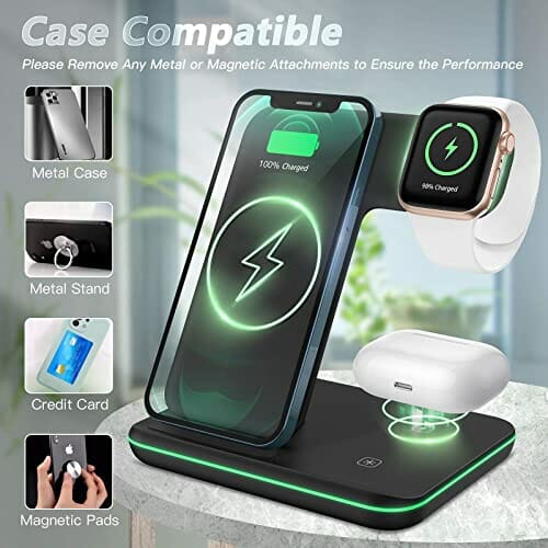CAVN Bezprzewodowa ładowarka 3 w 1, kompatybilna z iPhone 13, 12, 11 Pro Max/XS/XR/X/8+, iWatch Ultra / 8/7/6/SE/ 5/4/3/2, AirPods Pro/2/3, Galaxy S22 S21/S20/S10+, indukcyjna stacja ładująca - obrazek 8