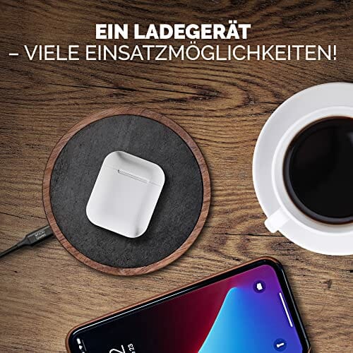 Wood Stories | Ładowarka indukcyjna Stone Nero drewno orzech 15 W | kamień naturalny | Drewno wysokiej jakości | Kompatybilny ze standardem ładowania Qi | AirPods, iPhone | Kabel 150 cm - obrazek 2