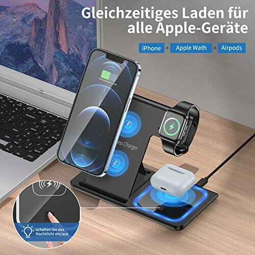 ładowarka bezprzewodowa 3 w 1,Watch Charger indukcyjna Apple Certyfikacja Qi Stacja ładująca kompatybilna z Apple Watch 7/6/5/4,iPhone 13/12/11 Pro/XS Max,Huawei P30,AirPods Pro - obrazek 6