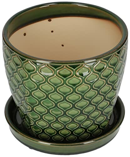 KOTARBAU® Zestaw 2 ceramicznych doniczek na rośliny, średnica: 17 cm, zielona, vintage, z tacką ociekową, wzór rybiej łuski - obrazek 2
