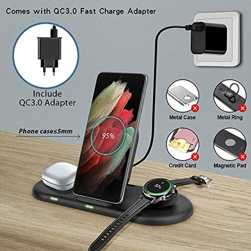 Aukvite Bezprzewodowa ładowarka do Samsung, 3 w 1, indukcyjna stacja ładująca, szybka ładowarka do Samsung Galaxy Watch, Active i Galaxy Buds Series, Qi stacja ładująca z Samsung Galaxy S22 S21 S20 S10 - obrazek 7