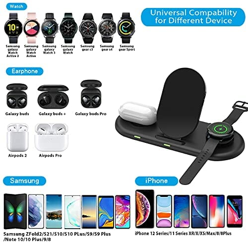 Aukvite Bezprzewodowa ładowarka do Samsung, 3 w 1, indukcyjna stacja ładująca, szybka ładowarka do Samsung Galaxy Watch, Active i Galaxy Buds Series, Qi stacja ładująca z Samsung Galaxy S22 S21 S20 S10 - obrazek 2
