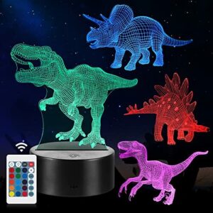 Lampka nocna z iluzją dinozaura 3D, z diodami LED, prezent dla chłopców i dziewczynek, 16 kolorów zmienianych za pomocą pilota, do dekoracji sypialni, pomysłowy prezent urodzinowy dla dzieci, 4 szt.