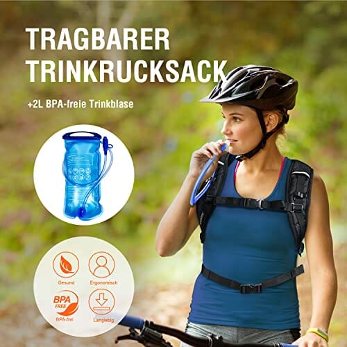 Tourzoo Plecak turystyczny, plecak do picia, plecak na wodę, wędrówki, jazda na rowerze, wodoszczelna torba z bukłakiem 2 l bez BPA, do biegania, na kemping, wspinaczkę, czarny - obrazek 6