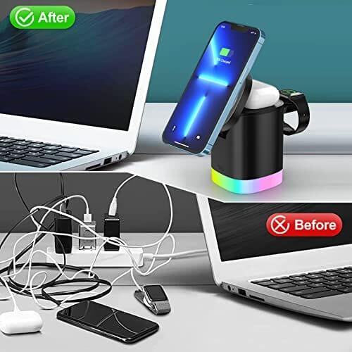 Bezprzewodowa ładowarka 3 w 1, indukcyjna stacja ładująca, bezprzewodowa ładowarka, kompatybilna z iPhone, 15 W, bezprzewodowa ładowarka z oświetleniem nocnym RGB, magnetyczna stacja ładująca do zegarka Apple iwatch i iPhone airpods - obrazek 3