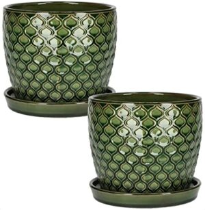 KOTARBAU® Zestaw 2 ceramicznych doniczek na rośliny, średnica: 17 cm, zielona, vintage, z tacką ociekową, wzór rybiej łuski
