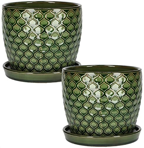KOTARBAU® Zestaw 2 ceramicznych doniczek na rośliny, średnica: 17 cm, zielona, vintage, z tacką ociekową, wzór rybiej łuski