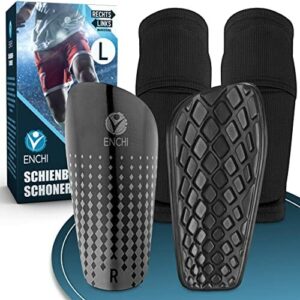 ENCHI Ochraniacze piszczeli – rozmiar L – getry piłkarskie z podwójną klapką dla bezpiecznego trzymania – ochraniacze piszczeli z ochroną kostek – uchwyt na getry do piłki nożnej bez ześlizgiwania się – super lekka piłka nożna piszczelowa