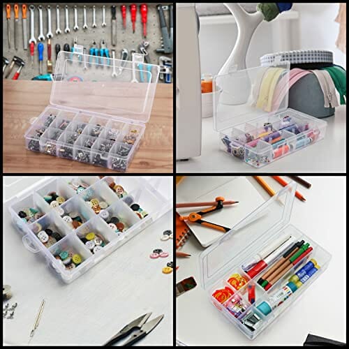 BELLE VOUS Przezroczysty organizer do przechowywania z tworzywa sztucznego (4 sztuki) – duże pojemniki z 18 regulowanymi/zdejmowanymi przegrodami – przegródki na biżuterię, śruby, koraliki i małe przedmioty rzemieślnicze - obrazek 3