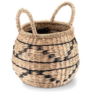 Decorasian Kosz dekoracyjny, pleciony z trawy morskiej z wzorem etnicznym – dekoracyjny kosz łykowy z uchwytem – ozdobna doniczka na parapet