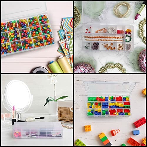 BELLE VOUS Przezroczysty organizer do przechowywania z tworzywa sztucznego (4 sztuki) – duże pojemniki z 18 regulowanymi/zdejmowanymi przegrodami – przegródki na biżuterię, śruby, koraliki i małe przedmioty rzemieślnicze - obrazek 2