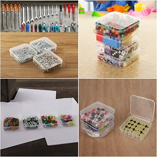Belle Vous 12 sztuk przezroczystych plastikowych pojemników do przechowywania z pokrywkami na zawiasach - szer. 6,3 x dł. 6,3 x wys. 1,6 cm / 2,48 x 2,48 x 0,63 cala - mini pudełka na tabletki, koraliki, biżuterię i przedmioty rzemieślnicze - obrazek 2