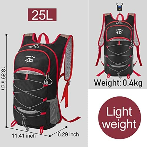 Wuzfully Plecak rowerowy dla mężczyzn, kobiet, 25 l, lekki, oddychający, wodoodporny, turystyka, outdoorowy, sportowy plecak, czarny - obrazek 3