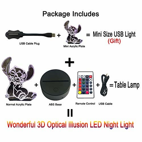 Cartoon Cute Stitch figurka niemowlęcia 3D lampa iluzja lampka nocna LED kolorowa lampka nocna dla dzieci do sypialni dekoracja światło USB lampka stołowa haft psa prezent bożonarodzeniowy dla niemowląt dzieci - obrazek 5