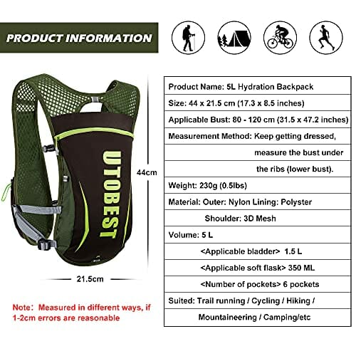 UTOBEST Plecaki do biegania lekki plecak nawadniający funkcjonalna kamizelka do biegania 5,5 l - obrazek 3