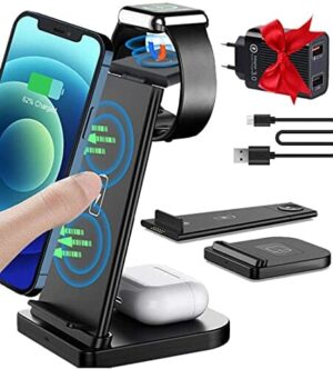 Blsyetec Bezprzewodowa ładowarka 3 w 1 Qi indukcyjna stacja ładująca zdejmowana bezprzewodowa ładowarka z 30 W USB i kablem do ładowania, kompatybilna z Apple Watch 6/5/4/3/2, Airpods, iPhone 12/11/8, Samsung S20