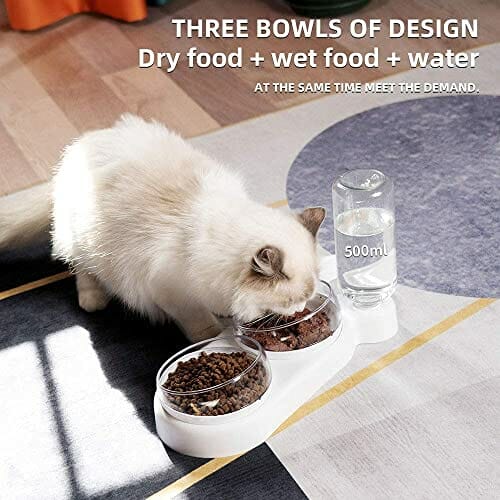 Zestaw mis dla kota pochylana o 15°, podwójna miska na karmę do mokrego i suchego karmu, z automatyczną butelką na wodę, dla małych i średnich psów i kotów - obrazek 4