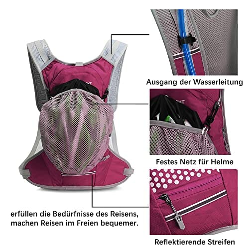 free knight Wodoszczelny plecak na rower, 6 l, z bukłakiem na wodę, z organizerem na kask, torba do jazdy na rowerze, jazdy konnej, biegania, joggingu, wędrówek (fioletowy), liliowy - obrazek 5