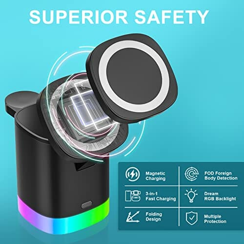 Bezprzewodowa ładowarka 3 w 1, indukcyjna stacja ładująca, bezprzewodowa ładowarka, kompatybilna z iPhone, 15 W, bezprzewodowa ładowarka z oświetleniem nocnym RGB, magnetyczna stacja ładująca do zegarka Apple iwatch i iPhone airpods - obrazek 8