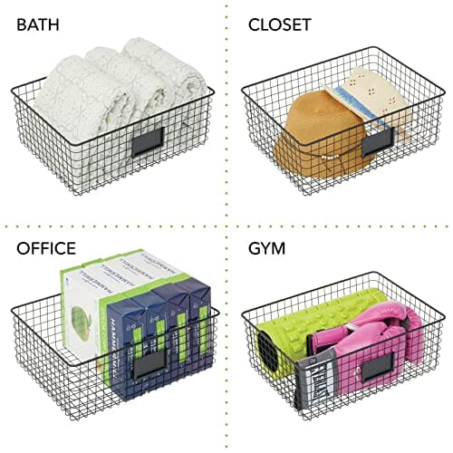 mDesign Uniwersalny kosz z metalu – kosz do przechowywania z polem do opisywania do kuchni, spiżarni itp. – kompaktowy i uniwersalny kosz druciany – czarny matowy - obrazek 6