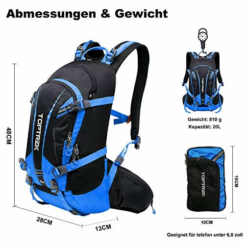 toptrek Plecak rowerowy 20 l, z osłoną przeciwdeszczową i osłoną na kask, wodoszczelny, ultralekki plecak do picia, dla mężczyzn/kobiet, do jazdy na rowerze, na kemping, wędrówki i bieganie - obrazek 4