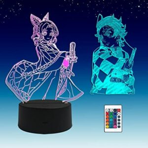 2 w 1,Demon Slayer,Kamado Tanjirou,Kochou Shinobu,3D Illusion LED Lampa Anime,16 kolorów RGB zdalnego,lampka nocna na biurko ładny