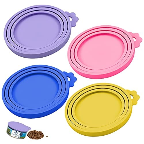 Pinsheng 4 szt. pokrowiec na puszkę na karmę dla zwierząt, silikonowe pokrywki na puszkę, kolorowe uniwersalne silikonowe pokrywki na puszkę dla psów i kotów (fioletowy, różowy, niebieski, żółty)